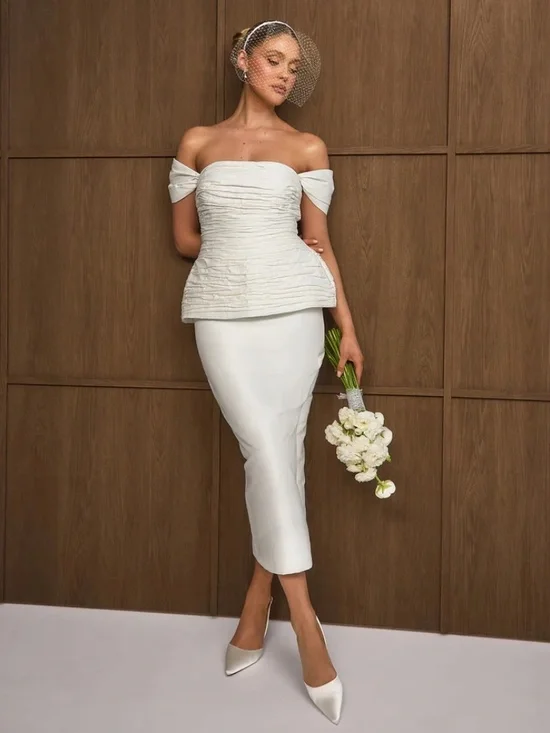 White Ivory Bridal Peplum Midi Dress - Picture 2 of 3